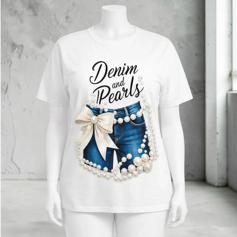 New “Denim and Pearls@ Graphic Tee - White - Picture 9 of 13